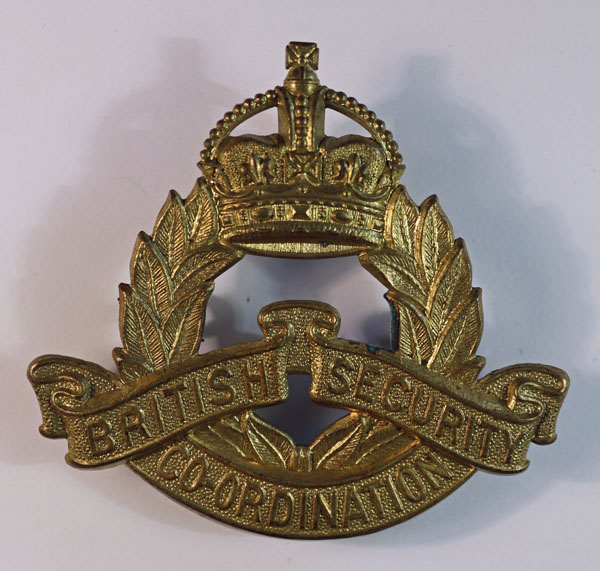 BRITISH SECURITY CO-ORDINATION WW2 Brass Cap Badge – RARE — Lot No. 4803 /sf43