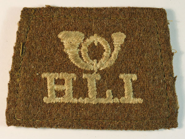 Bugle/H.L.I. WW1 Slip-on Embroidered Felt Shoulder Title Badge – Scarce — Lot No. 6463/WW1-20