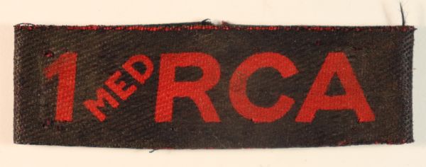1 MED RCA – 1st Medium Regiment Royal Canadian Artillery – 1st Canadian Division WW2 British Made Printed Slip-On Shoulder Title Badge – CALICO PRINTERS — Lot No. 6666A