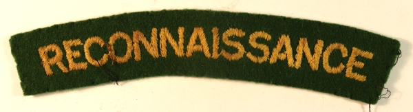 RECONNAISSANCE WW2 Paste Back Embroidered Shoulder Title Badge — Lot No. 6849