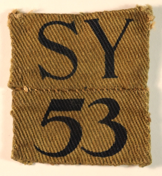 SY/53 – 53rd (WESTON GREEN) BATTALION, SURREY Home Guard WW2 Printed Cloth Shoulder Title Badge – CALICO PRINTERS — Lot No. 6856