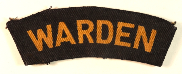 WARDEN – Civil Defence WW2 Printed Shoulder Title Arm Badge – CALICO PRINTERS — Lot No. 7009